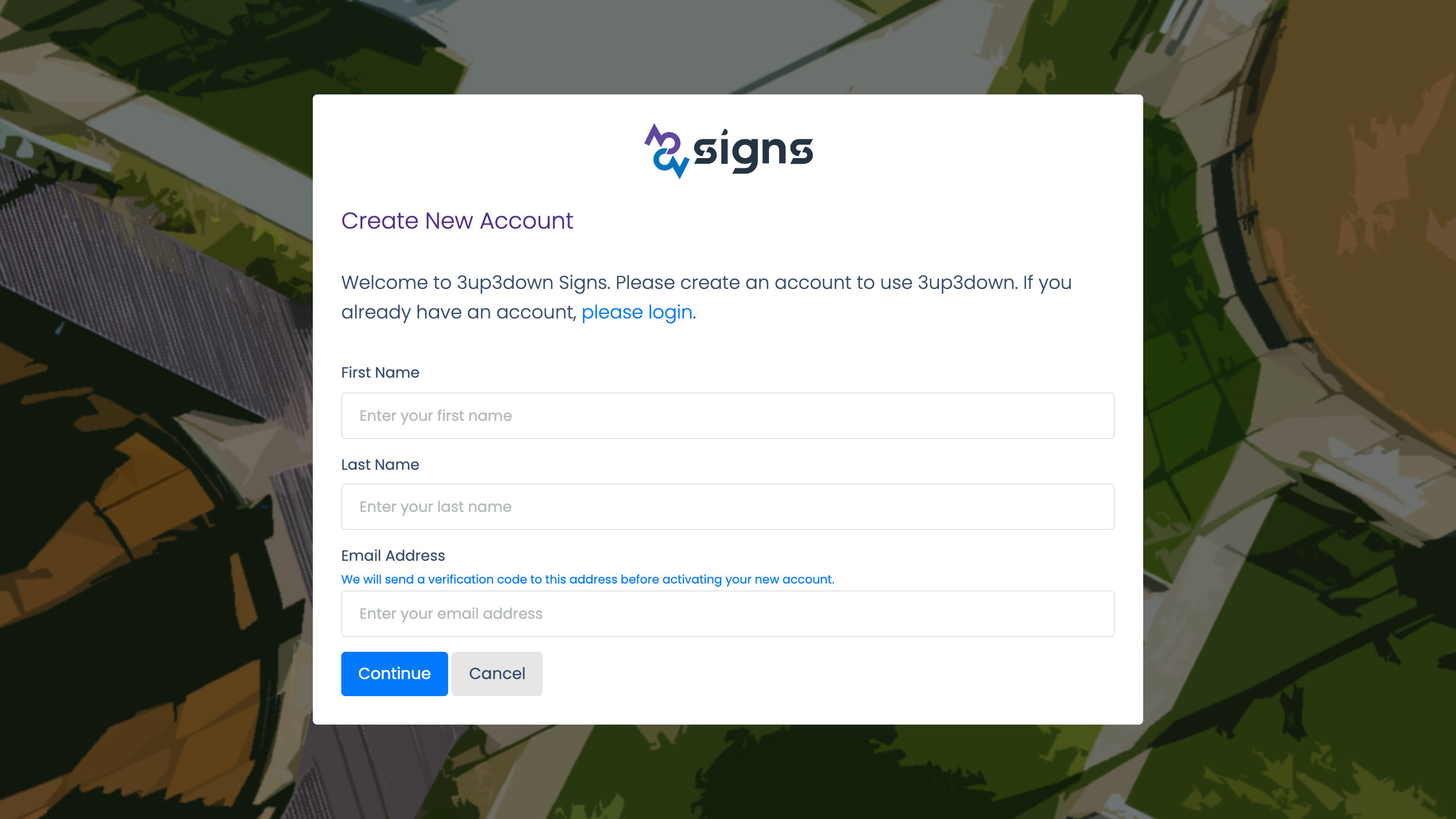 Create new account form