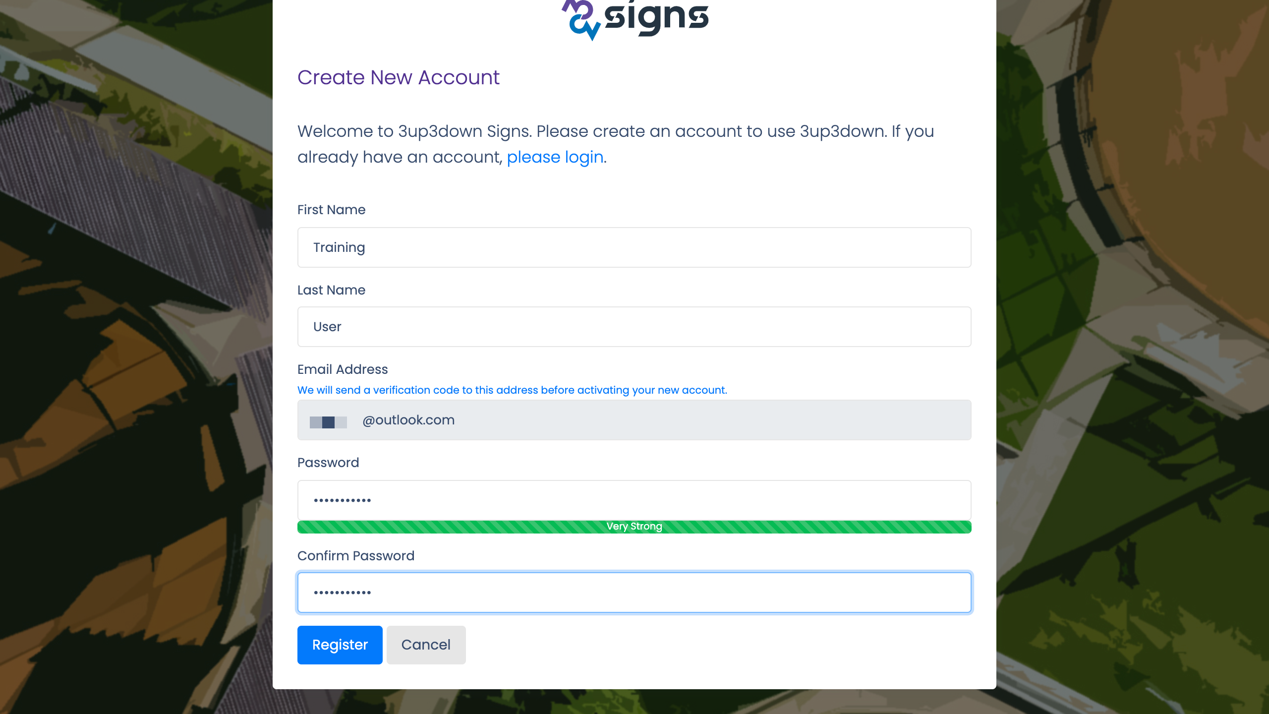 Create new account form